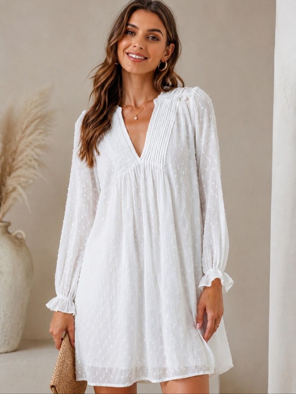 Zara White Swiss Dot Pintuck Pleated Vneck Bohemian Peasant Midi Dress Sz Med